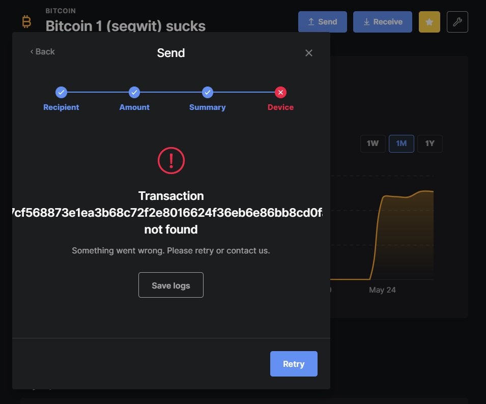 Ich kann keine BTC aus meiner Segwit-Brieftasche "Transaktion fehlgeschlagen" auf Nano Ledger S senden 3